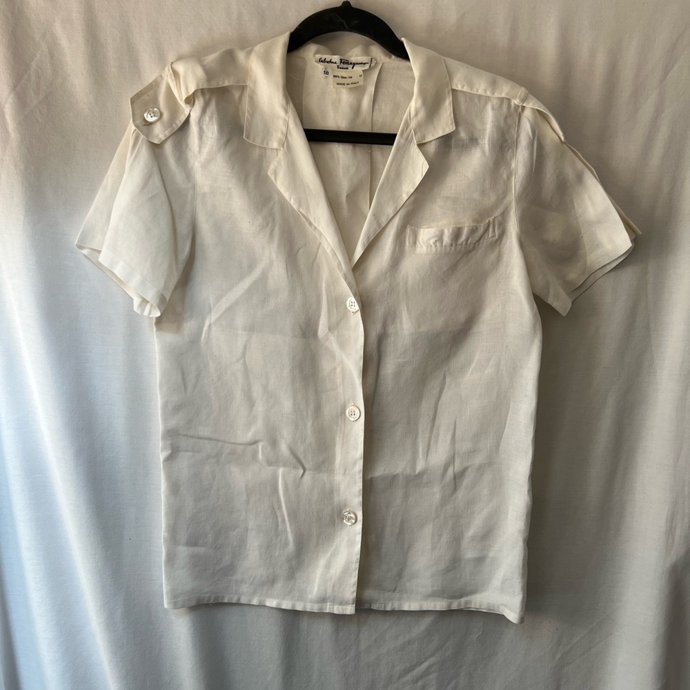 Salvatore Ferragamo White Linen Short Sleeve Button Down Top P